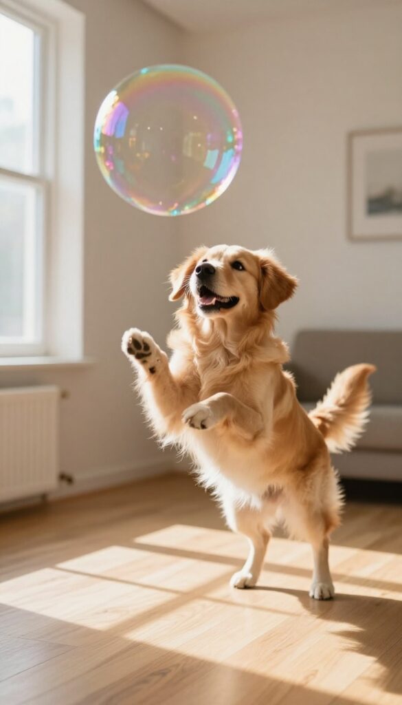 Golden retriever jumping to catch a bubble in a sunlit living room