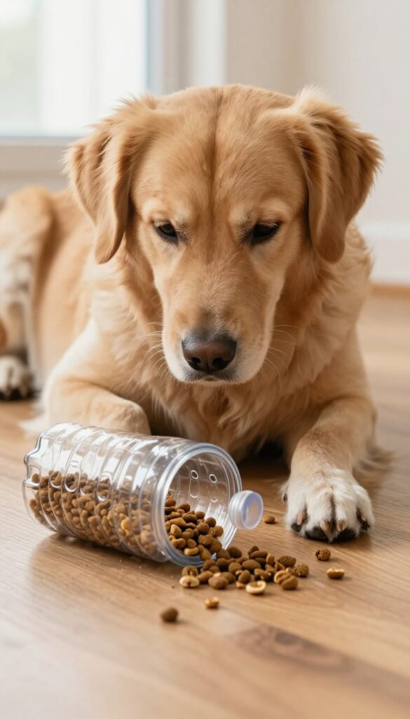 Dog pawing at a plastic bottle toy with kibble scattered on hardwood floor