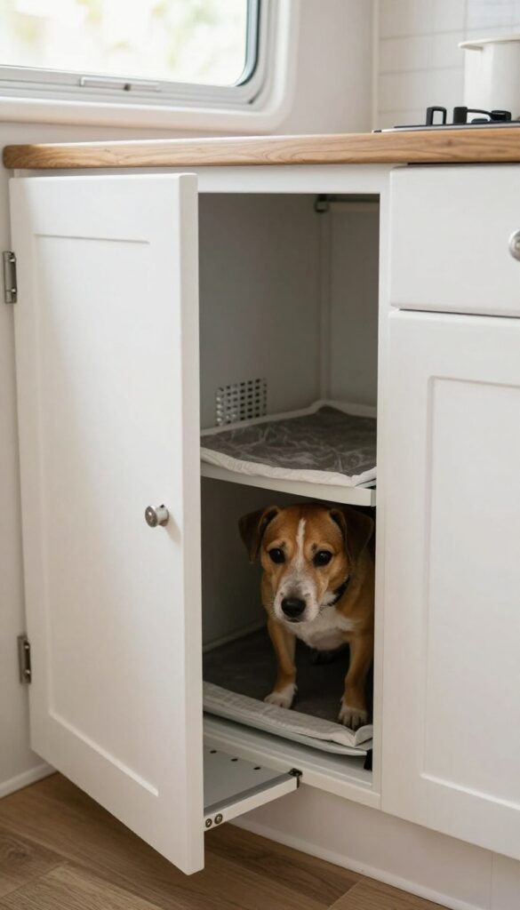 A small dog peeking out of a slide-out pantry kennel in an RV kitchen.
