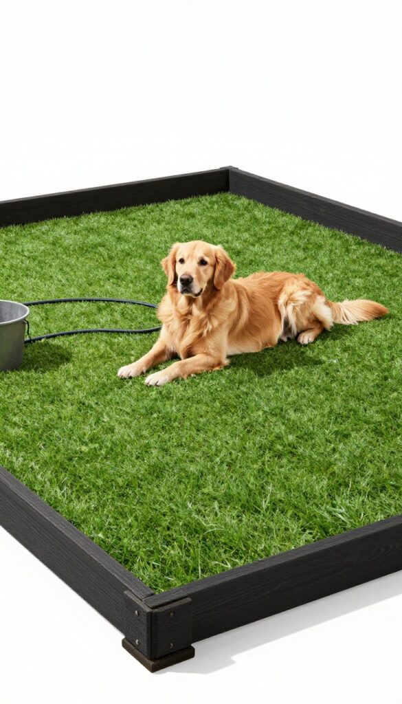 Artificial turf dog run with drainage base, bordered by timbers, golden retriever resting on it in a sunny backyard.