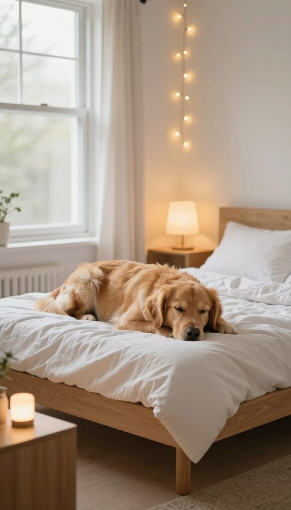 Dog bedroom with gentle warm lighting from a dimmable lamp and fairy lights, creating a cozy, relaxing atmosphere for a sleeping golden retriever.