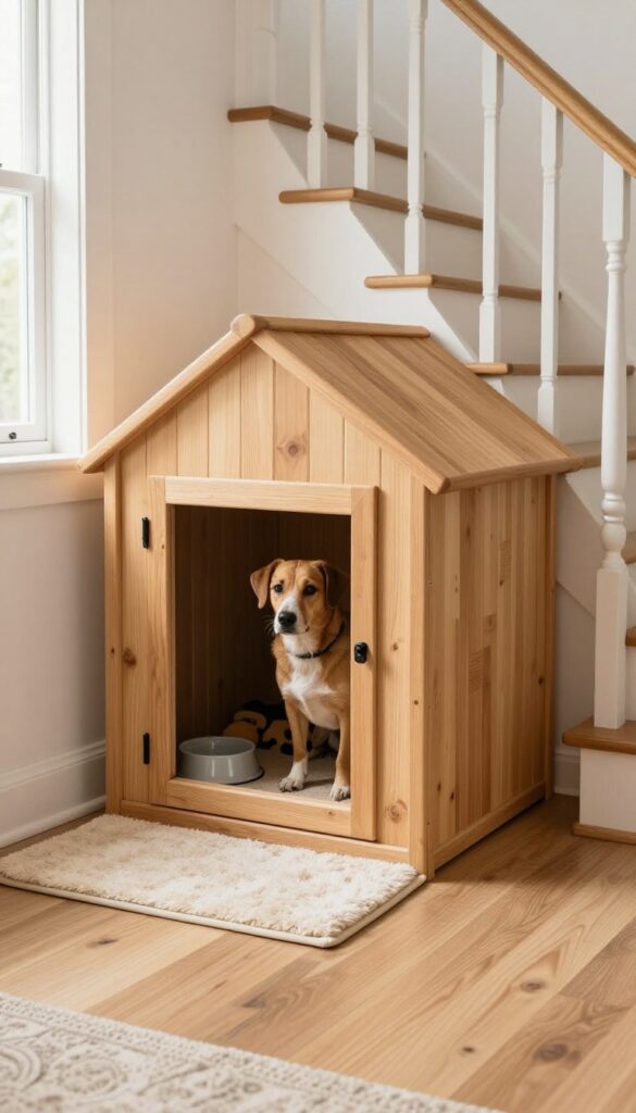 Custom built-in dog kennel under stairs with wooden gate and cozy bedding