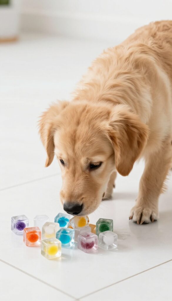 Golden retriever puppy playing with ice cube treasure hunt on tile floor