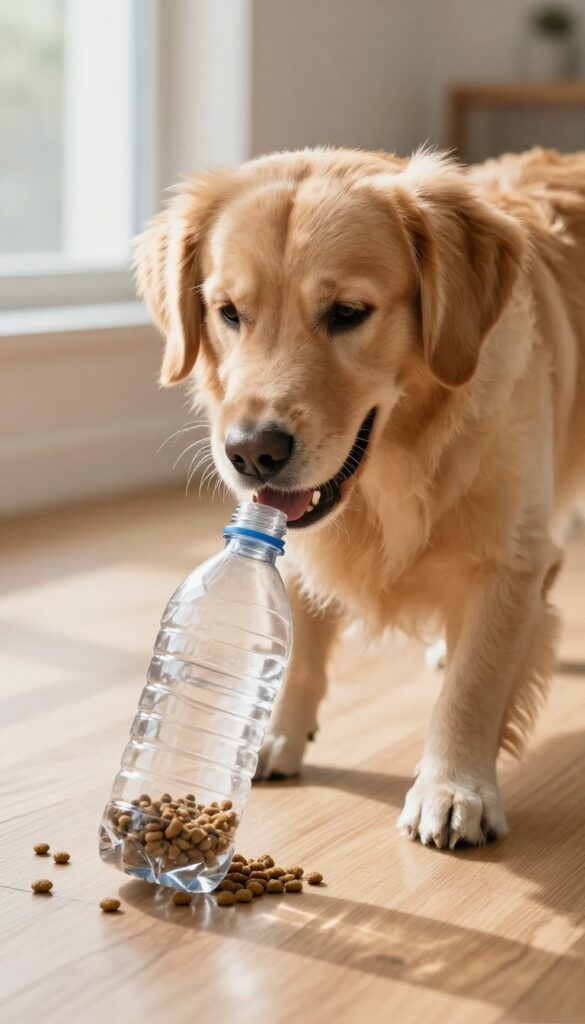 Golden retriever playing with a plastic bottle treat dispenser on a hardwood floor, kibble spilling out, bright natural light