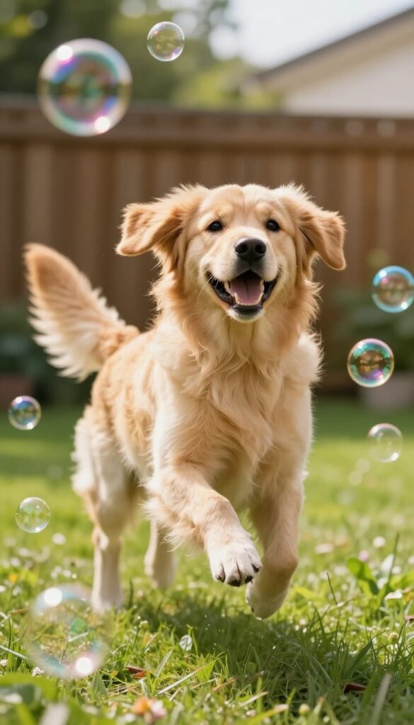 Golden retriever jumping to catch bubbles in sunlit backyard