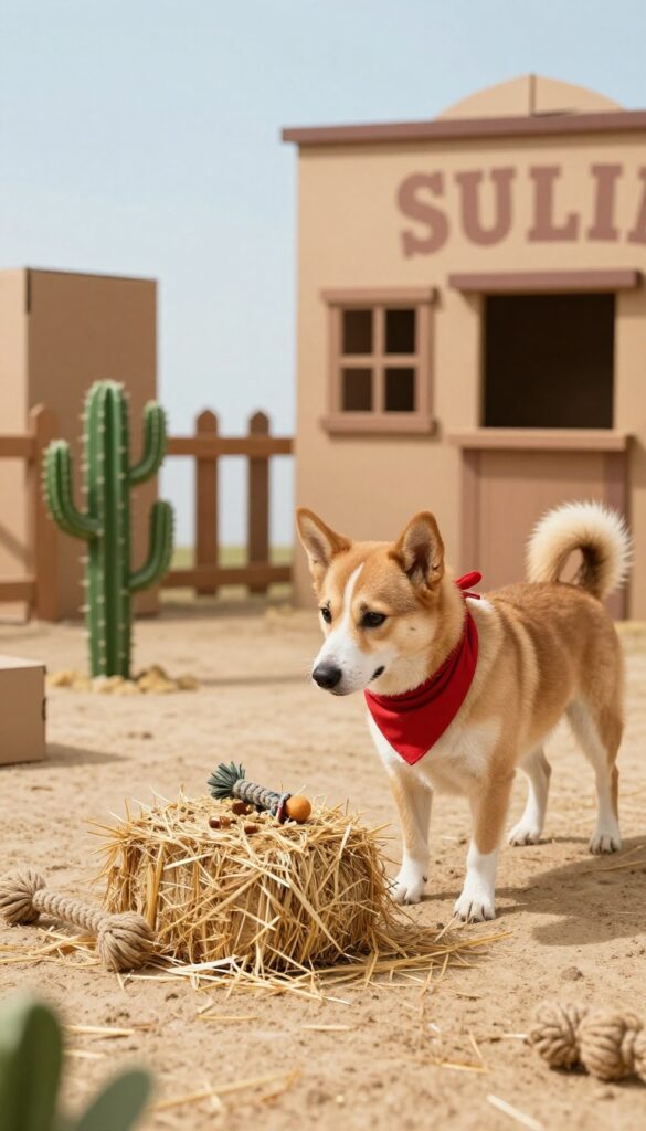 Dog in red bandana at Wild West themed birthday party with hay bale and rope toys in sunny backyard.