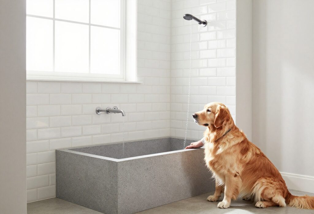 A golden retriever standing in a built-in dog bath station with tile backsplash and handheld sprayer in a bright mudroom.