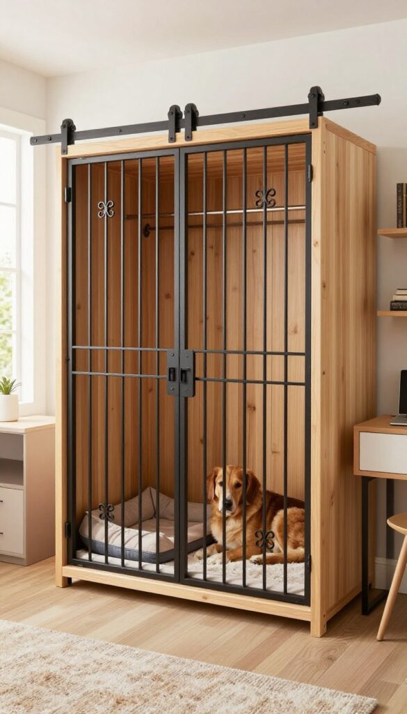 Closet conversion kennel with sliding barn door, dog inside, bright home office setting