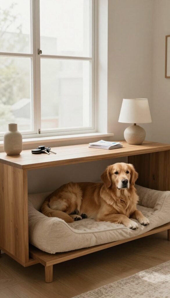 A console table dog kennel in a bright living room, with a golden retriever resting inside and decor items on top.