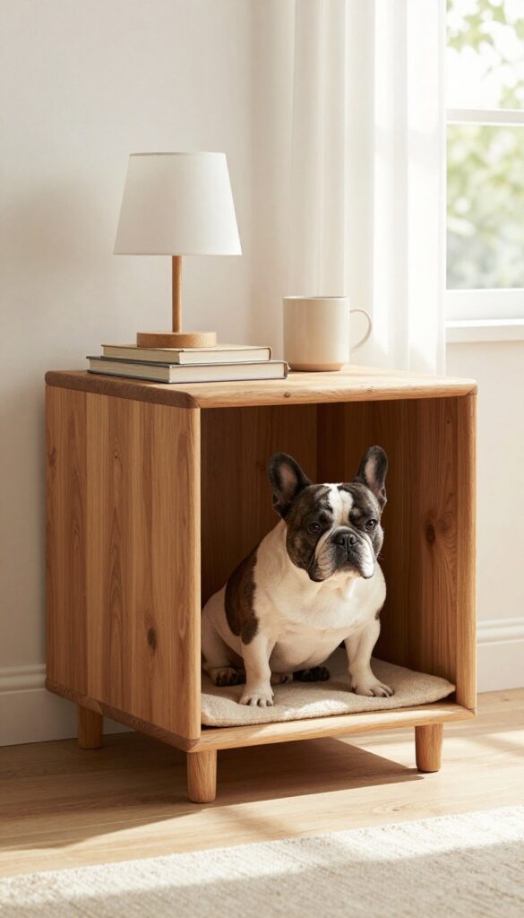 Repurposed nightstand dog kennel with a French Bulldog resting inside, styled with a lamp and books on top.