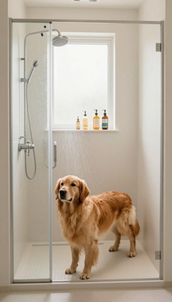 Walk-in shower with low threshold and handheld sprayer, golden retriever being rinsed, natural light, non-slip tiles, clean and bright design.