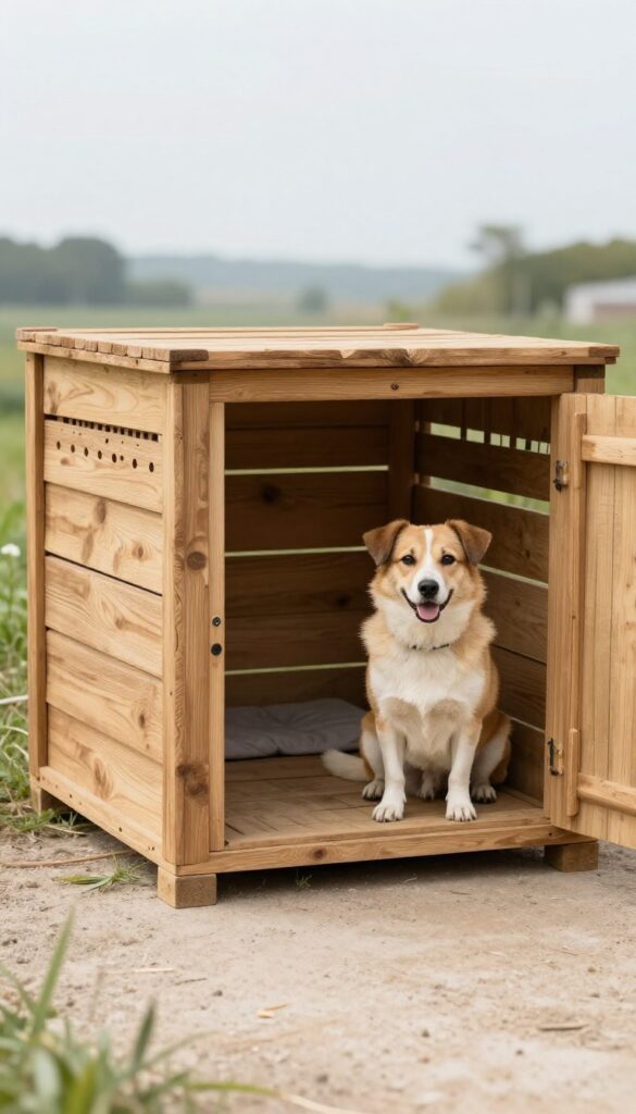 Upcycled wooden crate dog kennel in a sunny backyard with a dog sitting beside it.