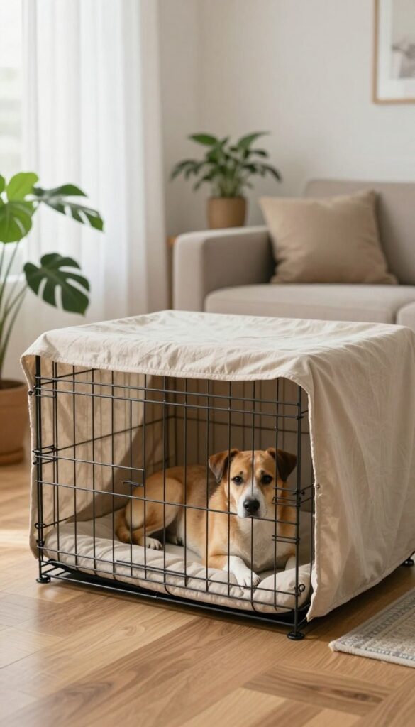 Dog crate with breathable cover creating a cozy den-like space in a bright living room, dog resting inside