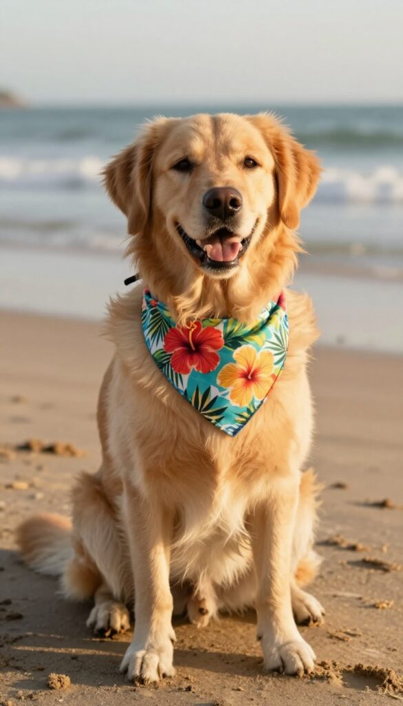 Dog on beach wearing tropical bandana