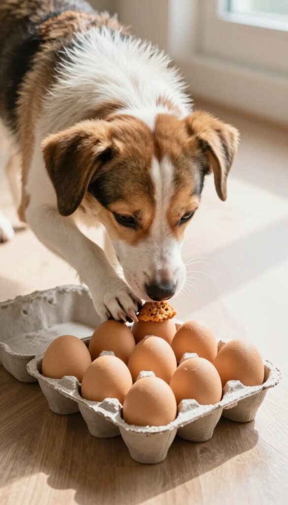 Dog sniffing treats in an egg carton on a wooden floor
