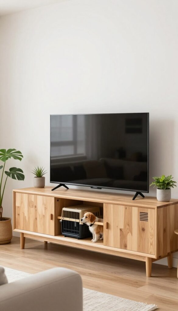 Sideboard cabinet used as TV stand hiding a dog crate inside, with closed doors and ventilation grille