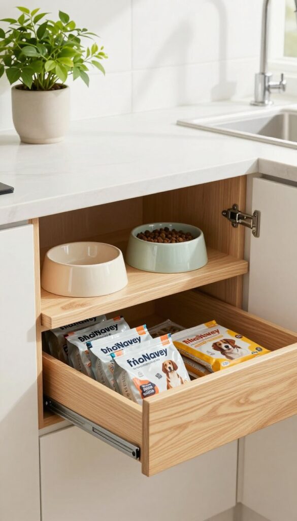 Built-in feeding station with raised bowls and pull-out storage drawer in a bright modern kitchen