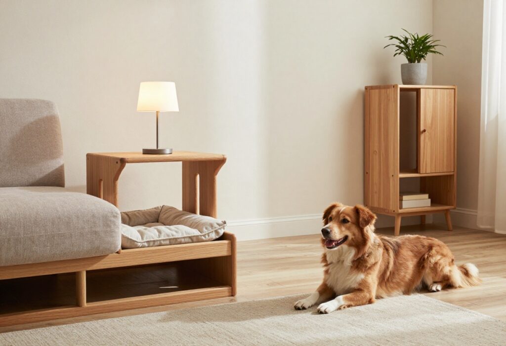 DIY dog crate disguised as a side table in a modern living room with a dog resting nearby.