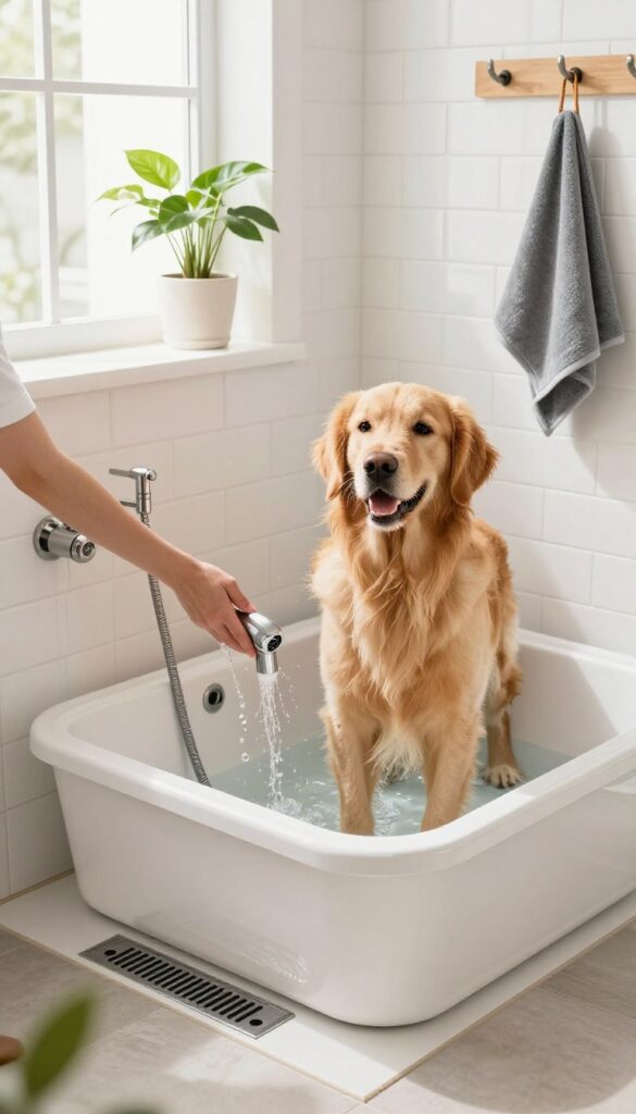A mudroom dog wash station with a golden retriever being rinsed in a tiled basin
