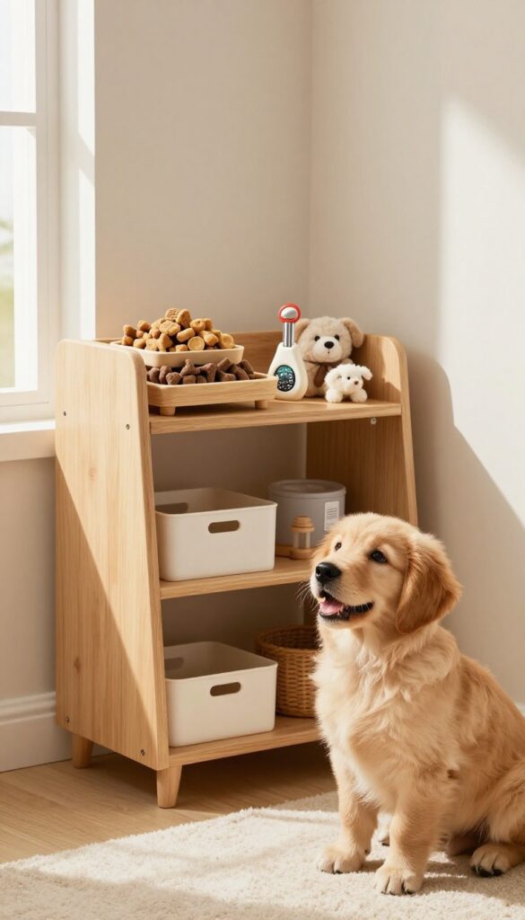 Dog treat station on a shelf with treats, clicker, and toy, puppy looking up.