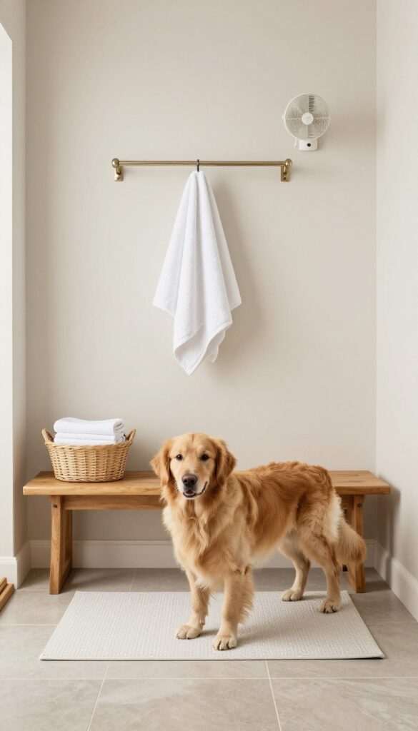 Dog drying station in a mudroom with towel rack, waterproof mat, and fan