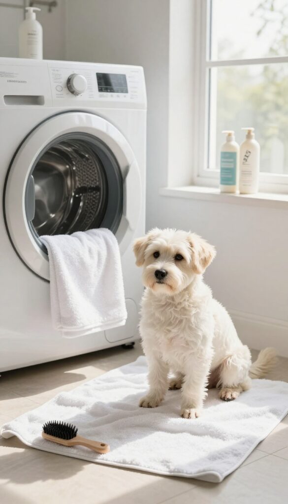 A white dog sits on a towel in a laundry room, with a plastic caddy containing grooming supplies on a shelf nearby.