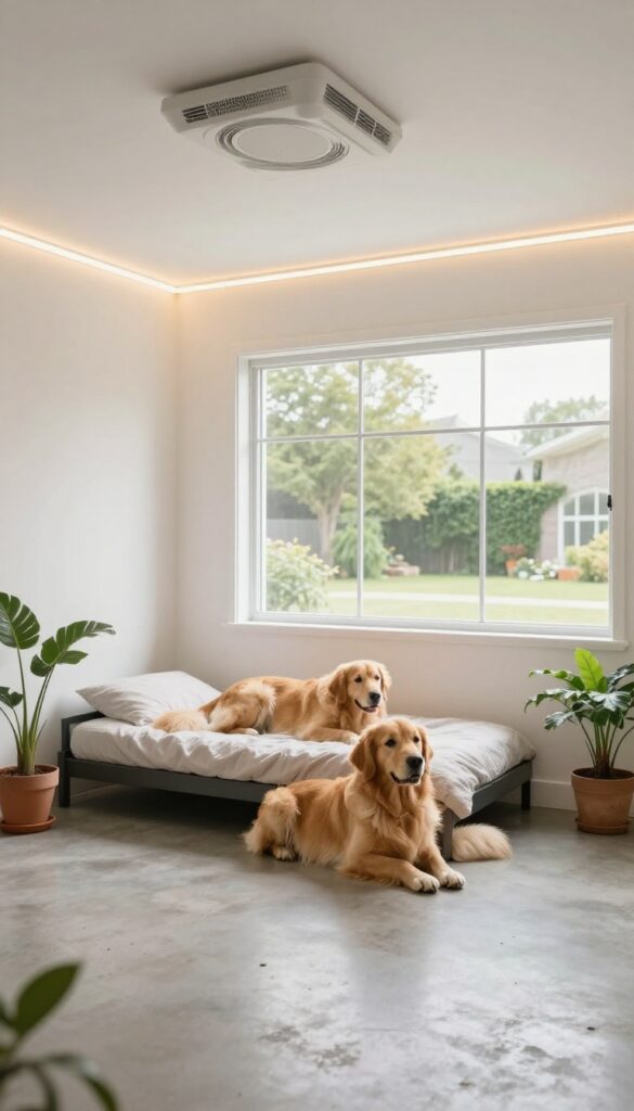 Bright garage dog room with window, LED lighting, and exhaust fan, golden retriever relaxing on bed