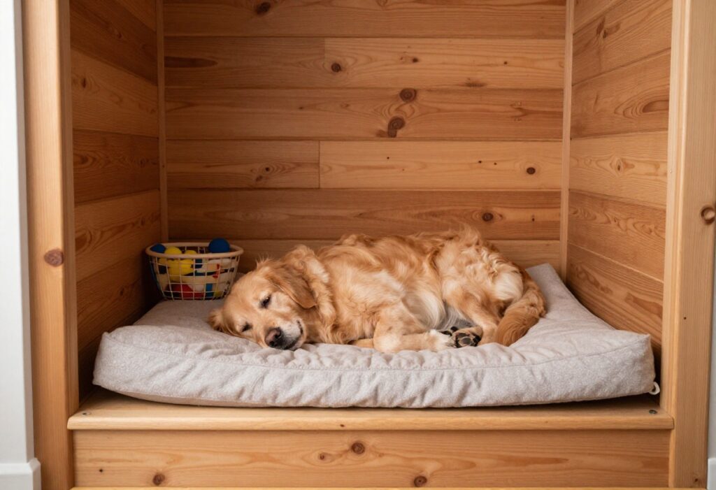 Cozy under-stairs dog nook with a golden retriever on a plush bed