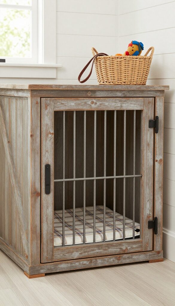 Rustic farmhouse dog crate with sliding barn doors and plaid mat in a bright living room