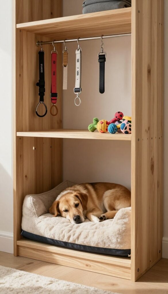 Built-in dog crate with cozy bed in small closet