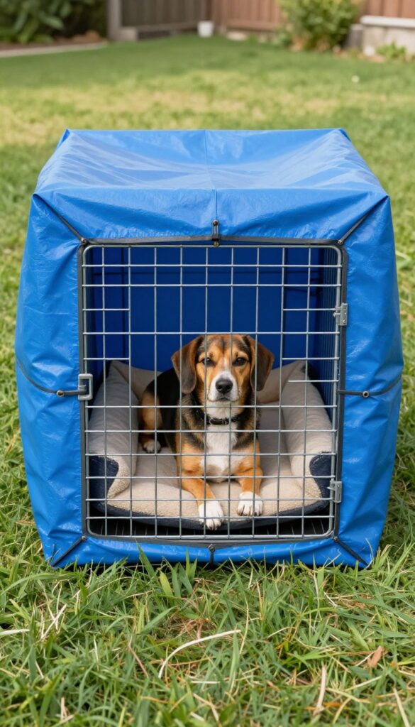 Repurposed wire dog crate outdoor kennel with waterproof cover and raised bed, a small dog resting inside in a sunny backyard