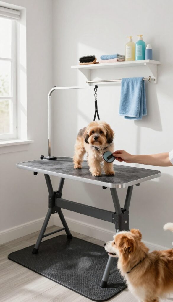Fold-down grooming table with storage in a laundry room, dog being brushed on non-slip mat