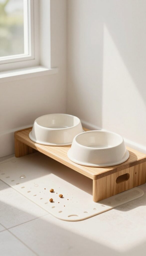 Elevated feeding station with ceramic bowls on a wooden stand and a silicone splash mat catching spills in a bright, clean kitchen.