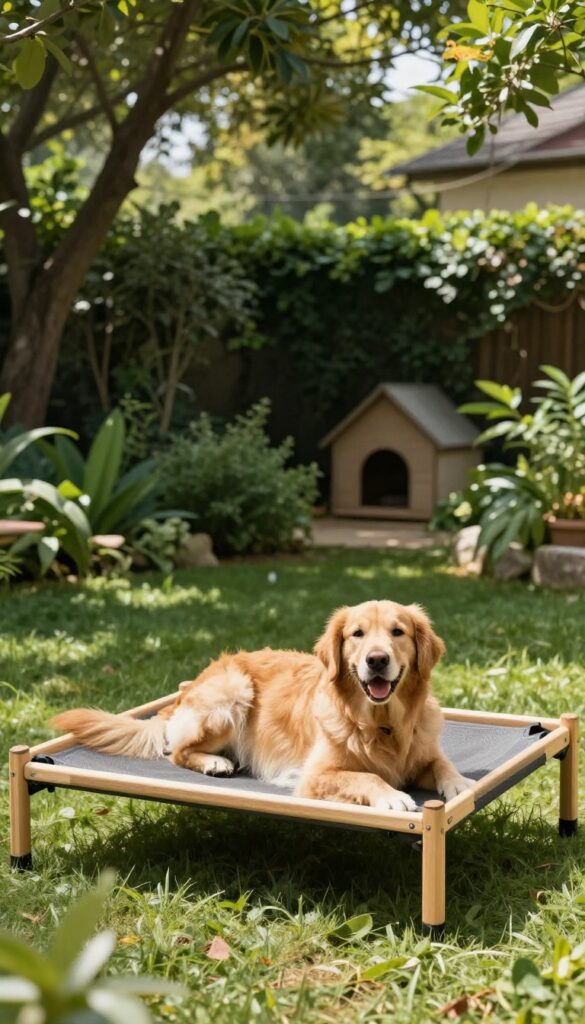 Elevated dog bed on patio with golden retriever resting on mesh surface, airflow underneath, shaded outdoor setting.