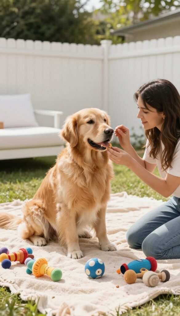 A dog sitting calmly on a blanket during a birthday party cooldown, with a woman holding a treat nearby, and a white sheet backdrop in a sunny backyard.