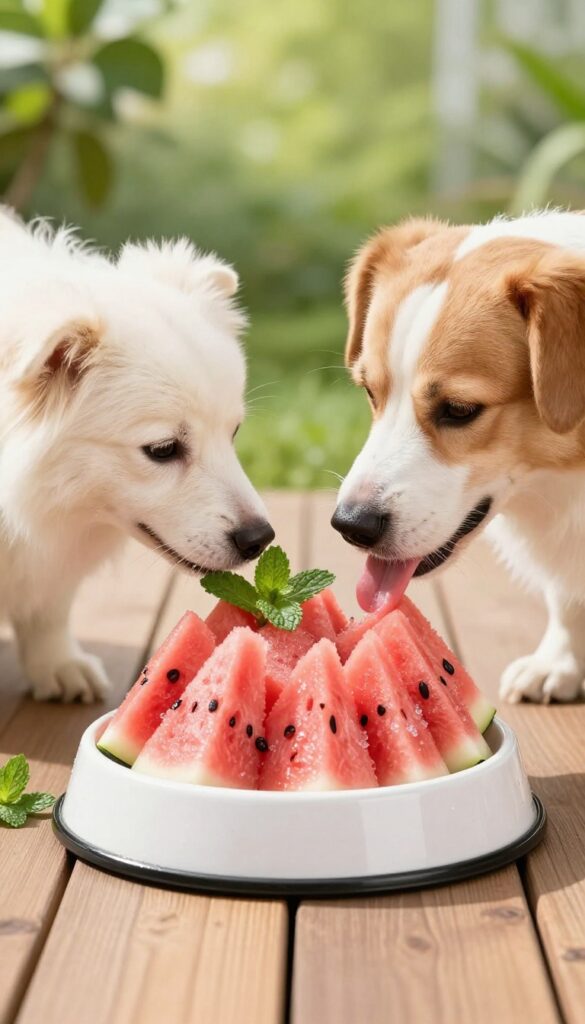 Dog enjoying a frozen watermelon and mint enrichment bowl on a sunny deck.