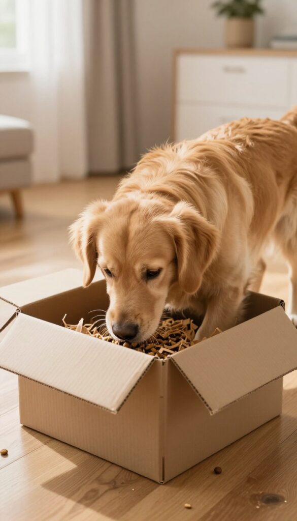 Golden retriever foraging in a cardboard box filled with shredded paper and treats on a sunny living room floor