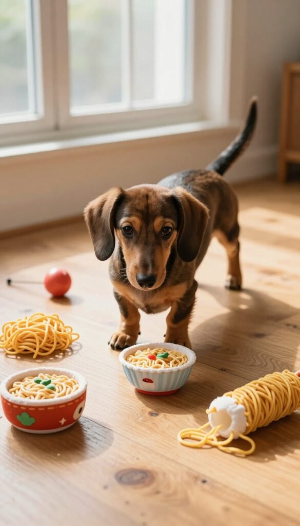 A dachshund puppy stretching out on a wooden floor with noodle-shaped toys nearby, bright natural light, photorealistic.
