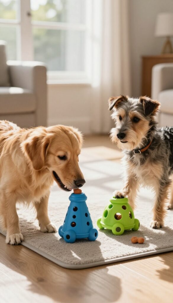 Two dogs playing with treat-dispensing puzzle toys on a mat in a sunlit room.