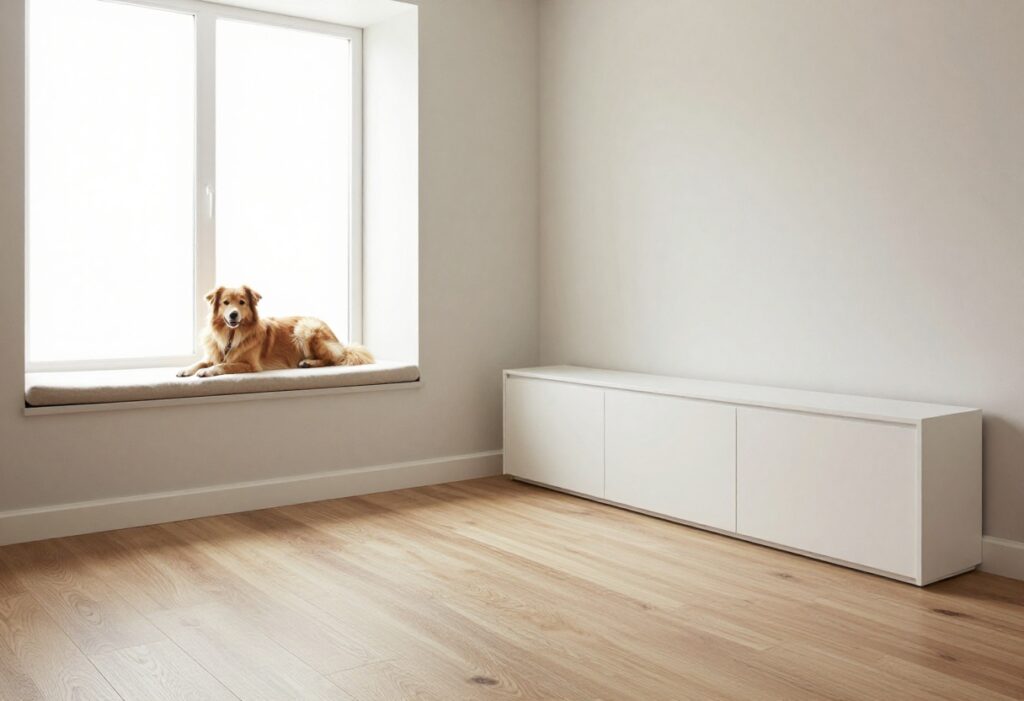 Modern dog room with built-in crate, washable walls, and a dog resting on a window seat