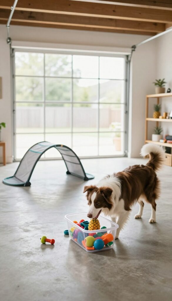 Dog playing with toys and puzzle feeder in a bright garage play area with agility tunnel