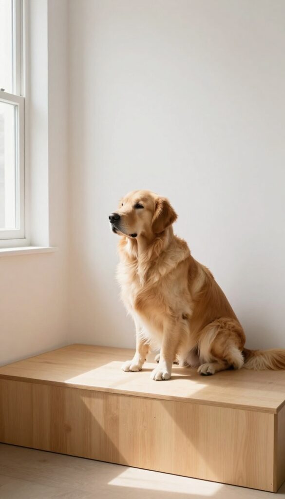 Dog sitting calmly behind a solid wooden room divider, blocking visual distractions