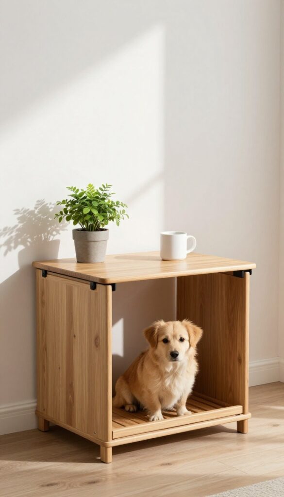 Fold-down table mounted above a dog crate in a bright living room, with a plant and coffee mug on the table, dog resting inside the crate.