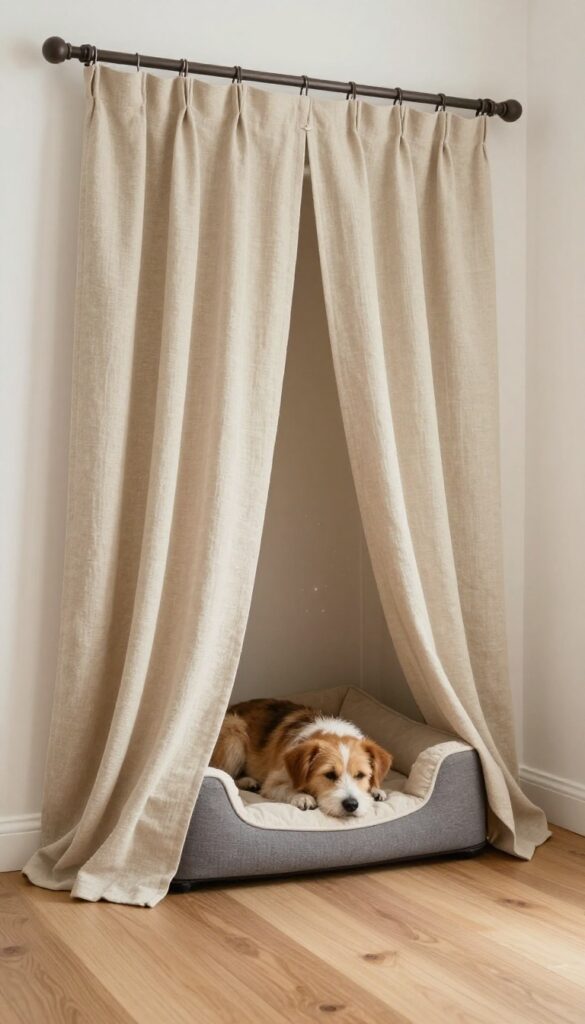 Hidden retreat under stairs with curtain and dog bed