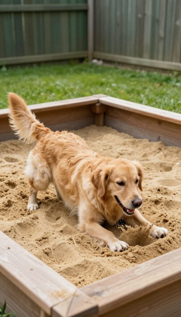 Dog digging in a sand pit in a backyard