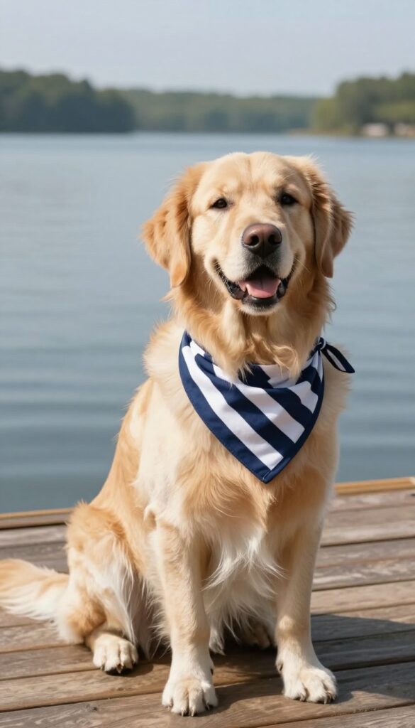 Golden retriever wearing a navy and white striped bandana on a sunny deck by a lake