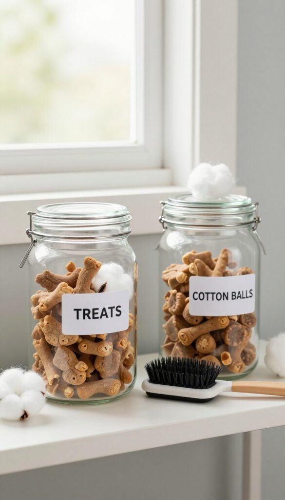 Three clear labeled jars on a shelf filled with dog treats and cotton balls, with a brush nearby, in a bright grooming room.