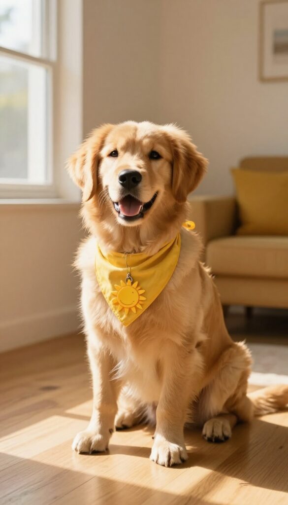 A golden retriever puppy with a sunny personality, wearing a yellow bandana and sitting in warm sunlight.