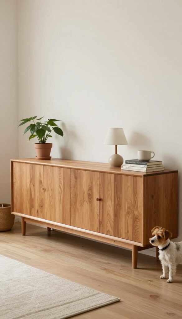 Stylish wooden sideboard in open-concept living room with decor items, hiding a dog crate inside.