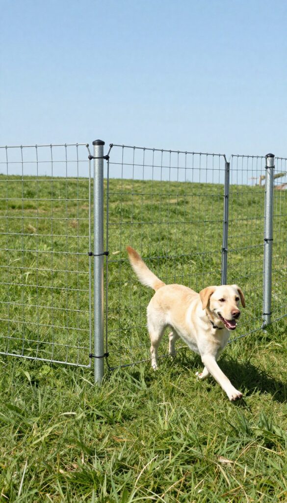 Dog running in a T-post and welded wire fence run in a sunny backyard.